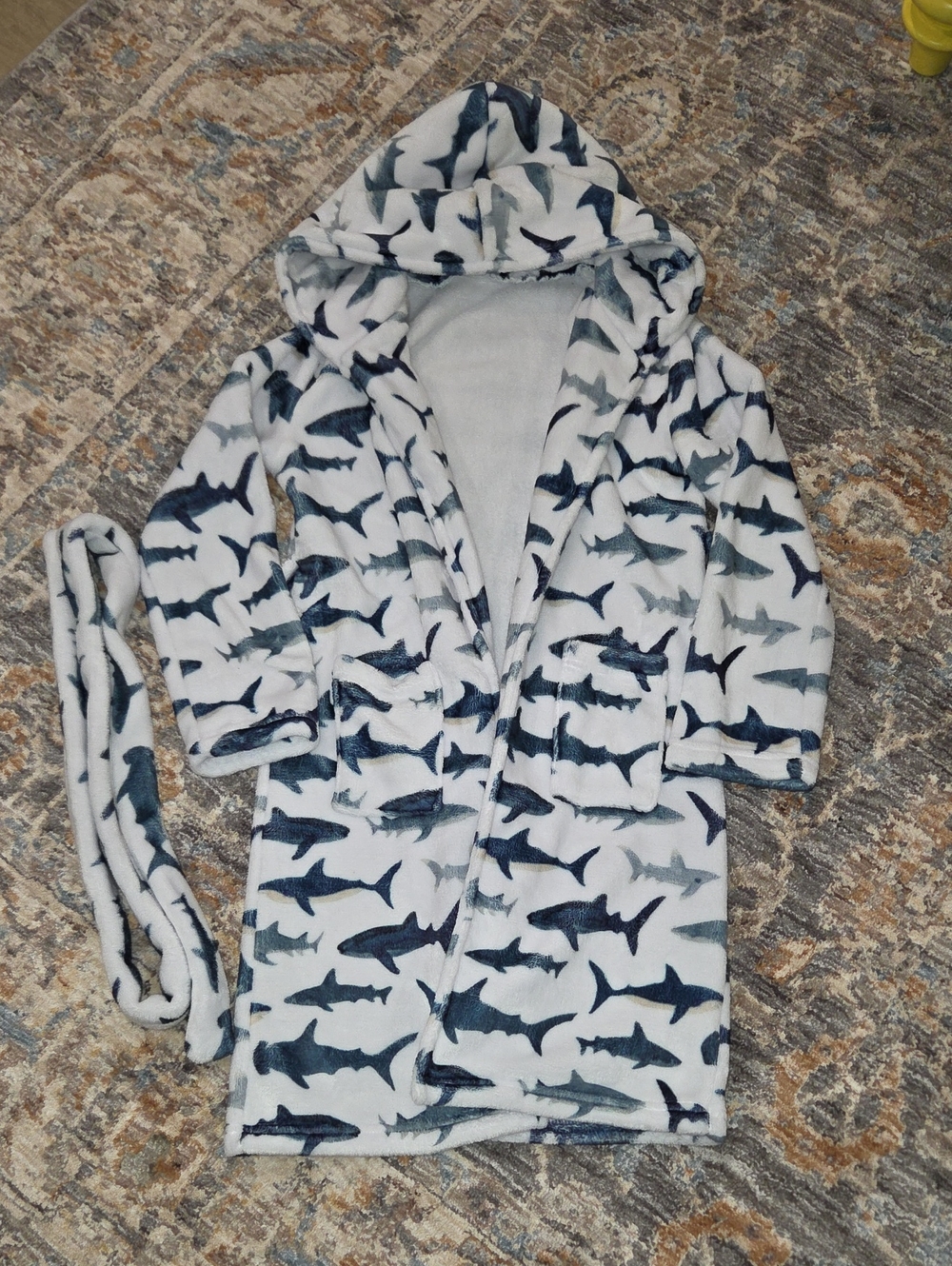 Kids Shark Print Hooded Bathrobe - Navy & Gray
